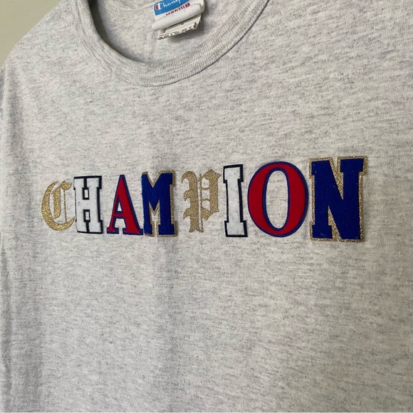 Vintage 90s Champion Logo Spell Out Tee Felt Letters-Heather Grey-Men's Size M - Picture 2 of 5